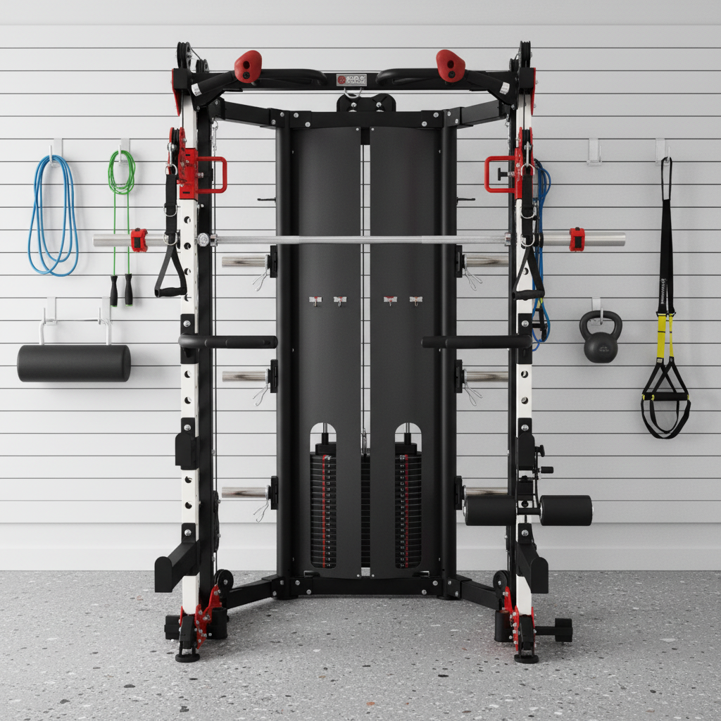 AL-3107 Folding Smith Machine - White Slat Wall & Grey Speckled Floor