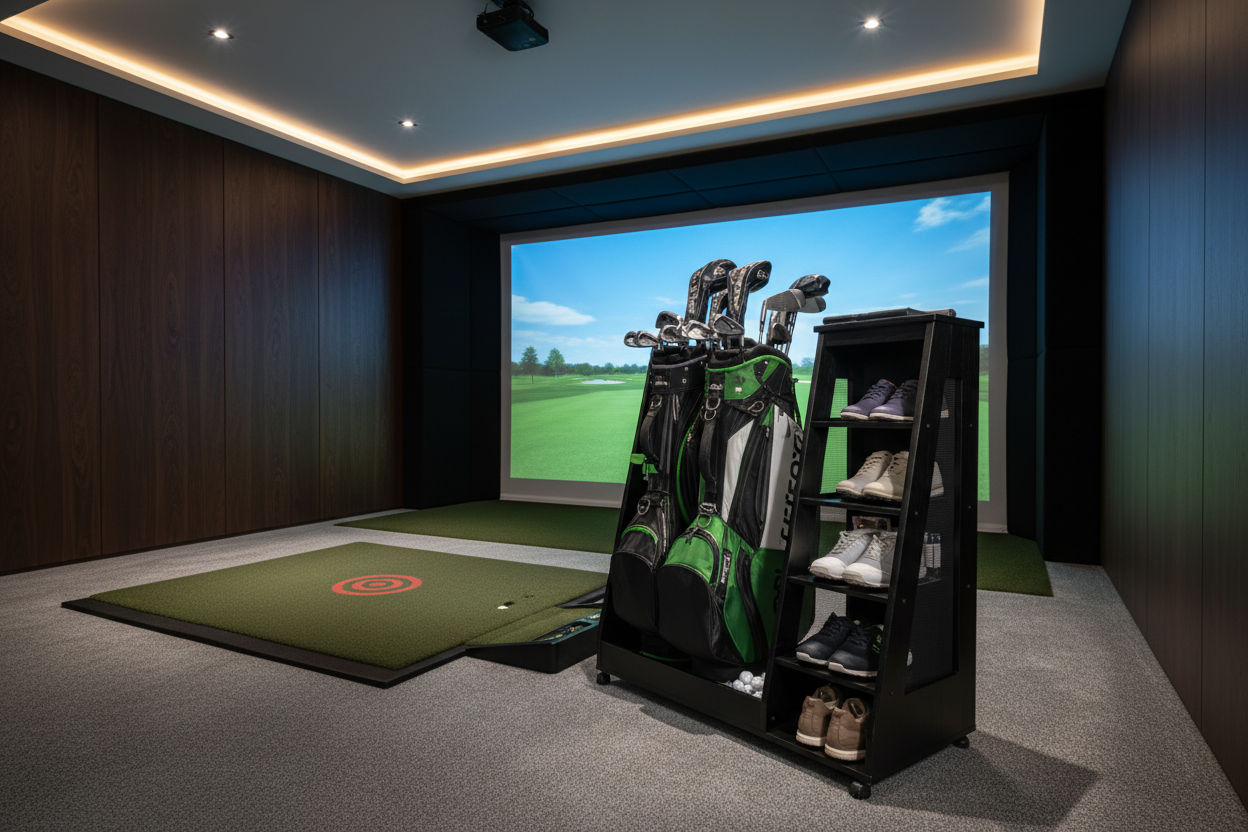 Black Golf Organizer - Hero Shot with Golf Simulator