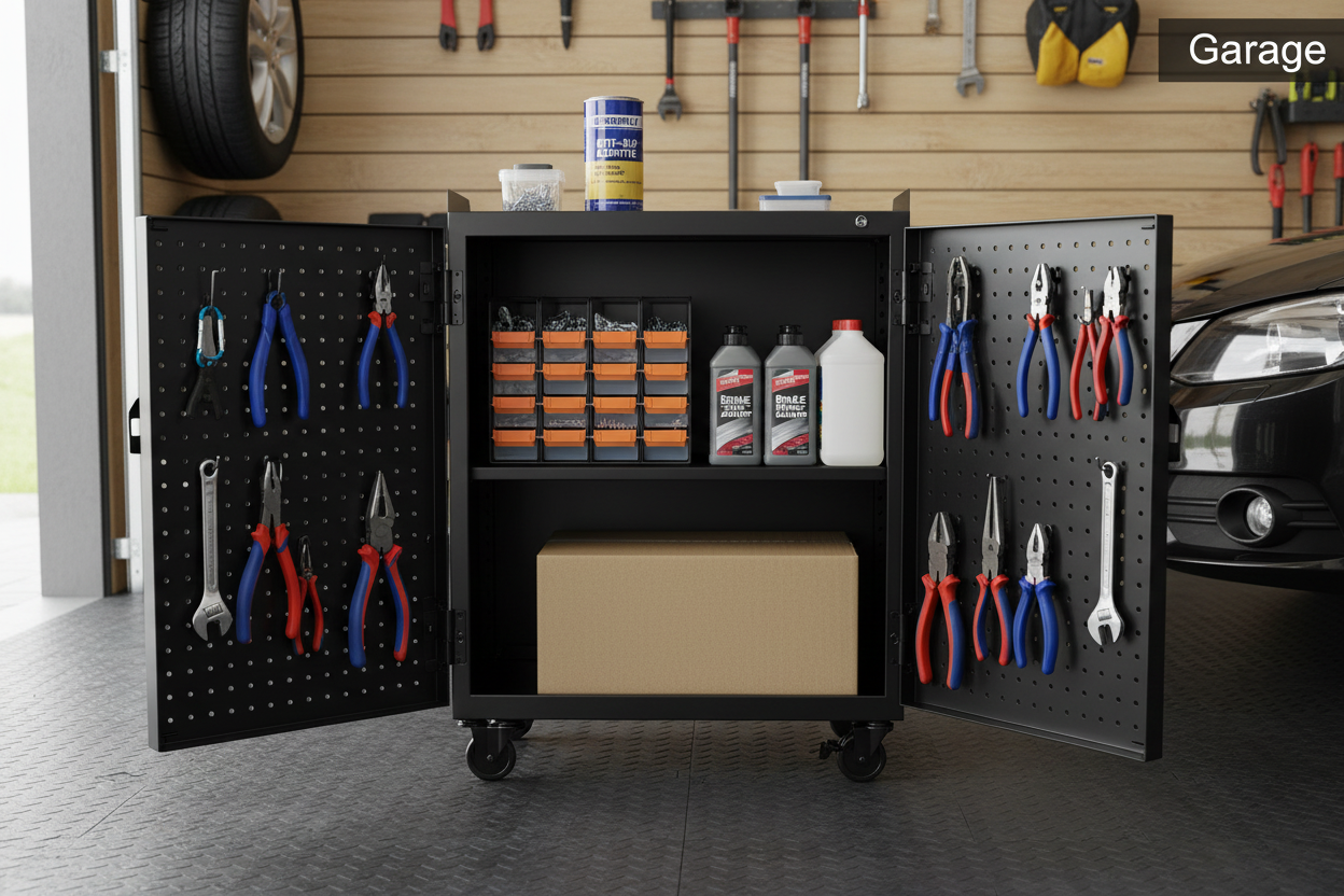 Black storage cabinet in garage setting