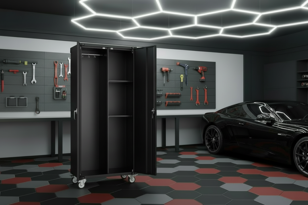 Black Storage Cabinet Left Side Against Back Wall