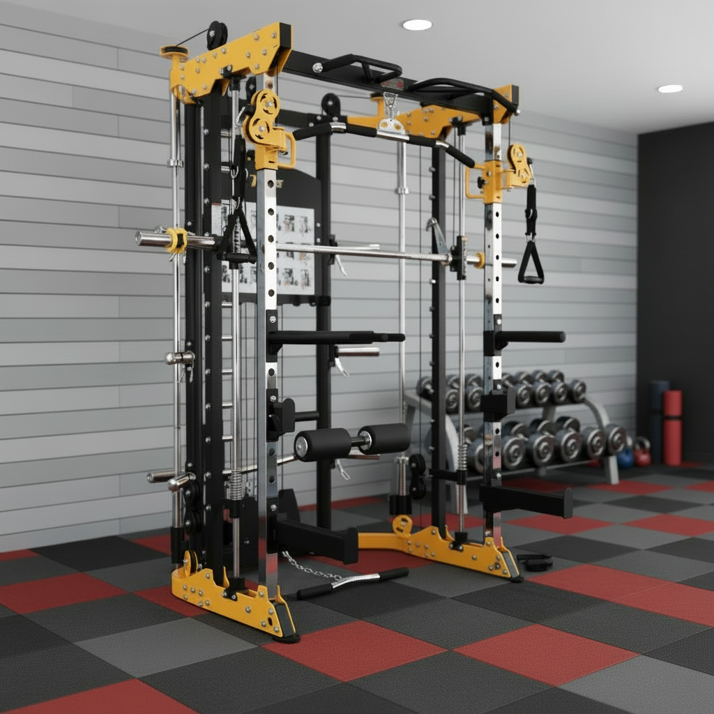 Black & Yellow Smith Machine - Light Grey Slat Wall & Black Grey Floor Only