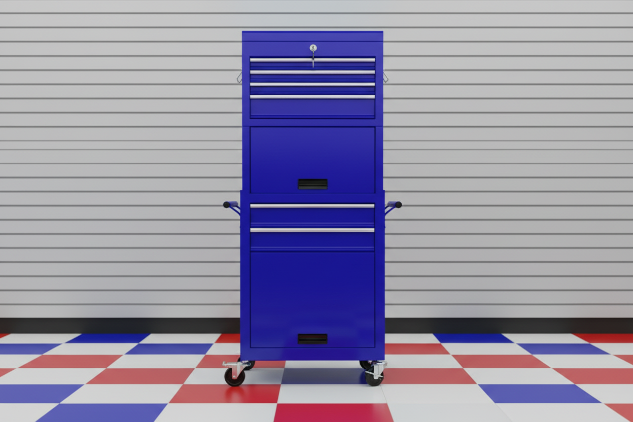 Blue tool chest close-up with checkered floor