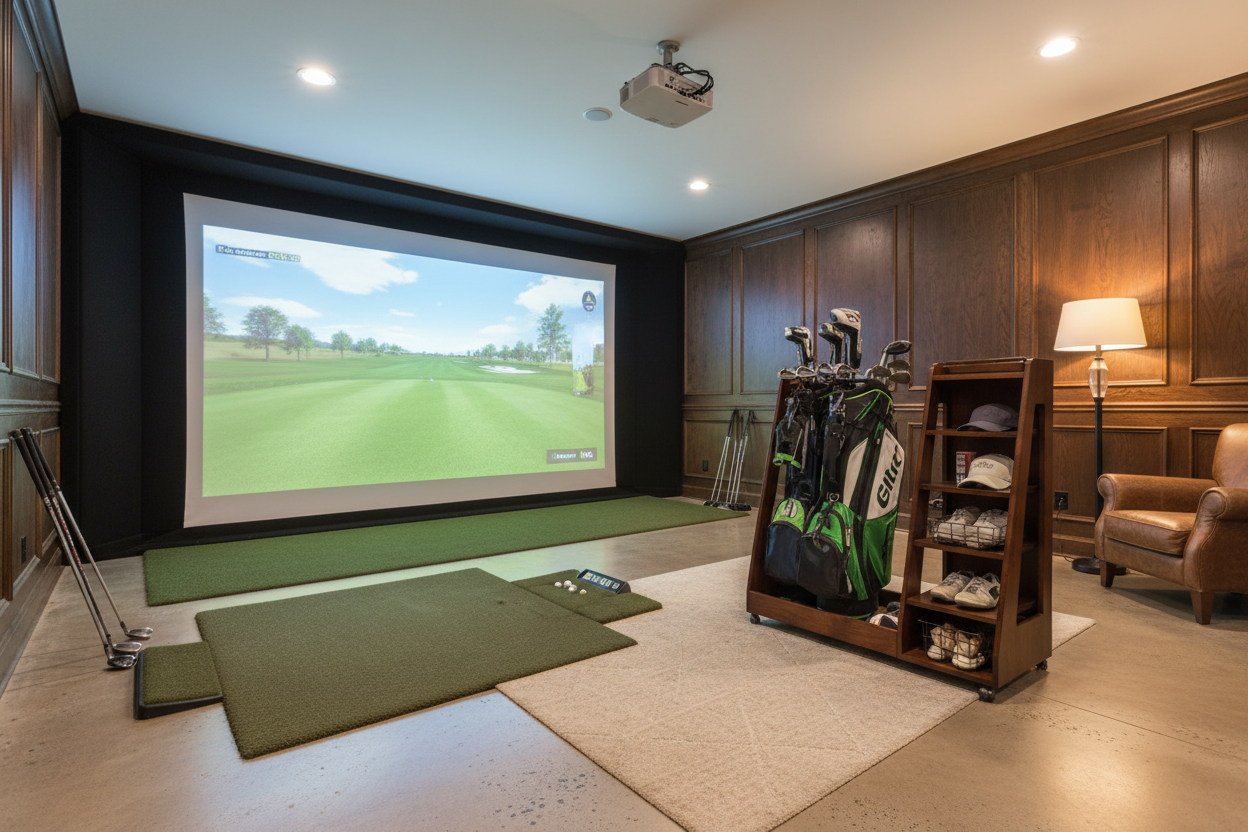 Brown Golf Organizer - Hero Shot with Golf Simulator