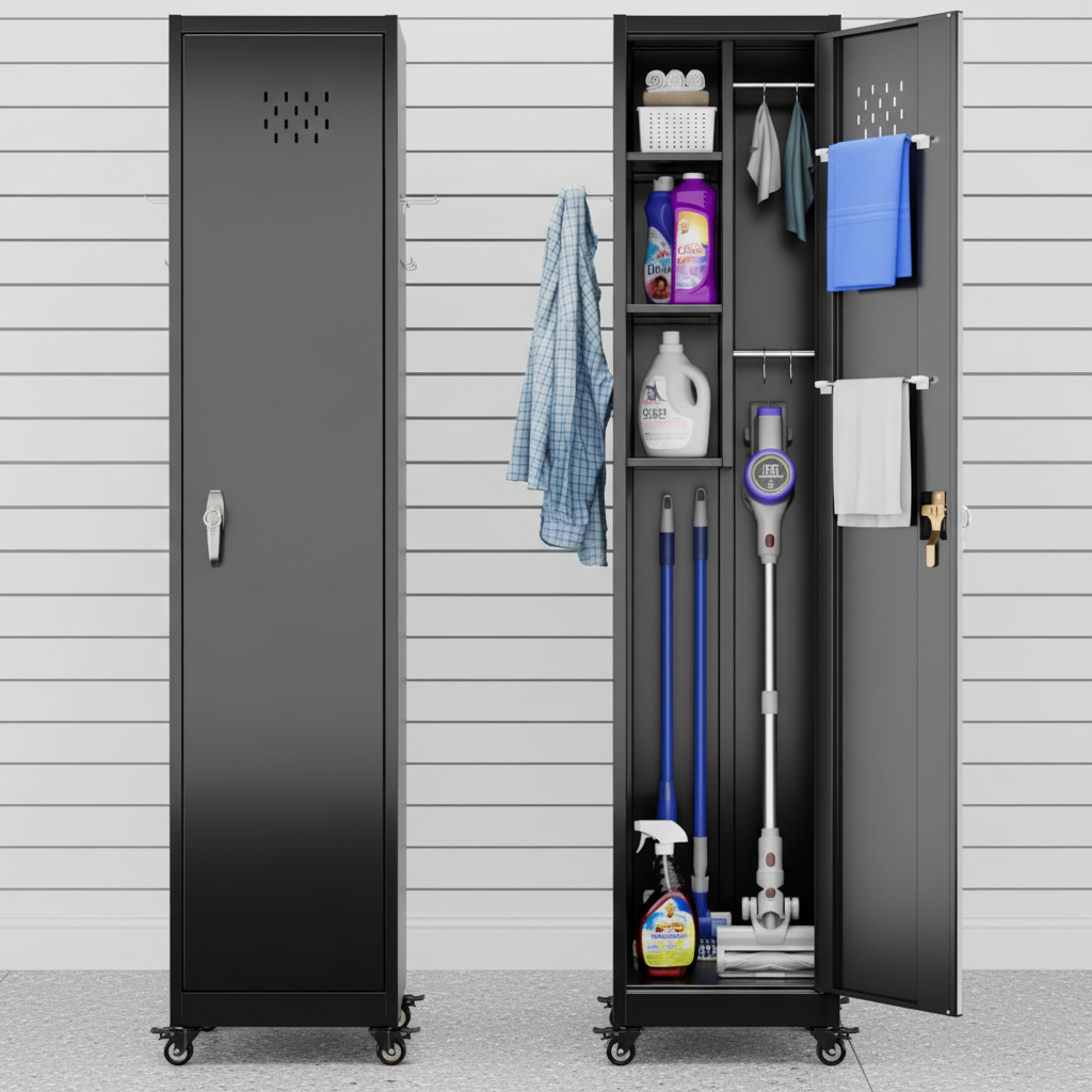 Cleaning cabinet against white slat wall