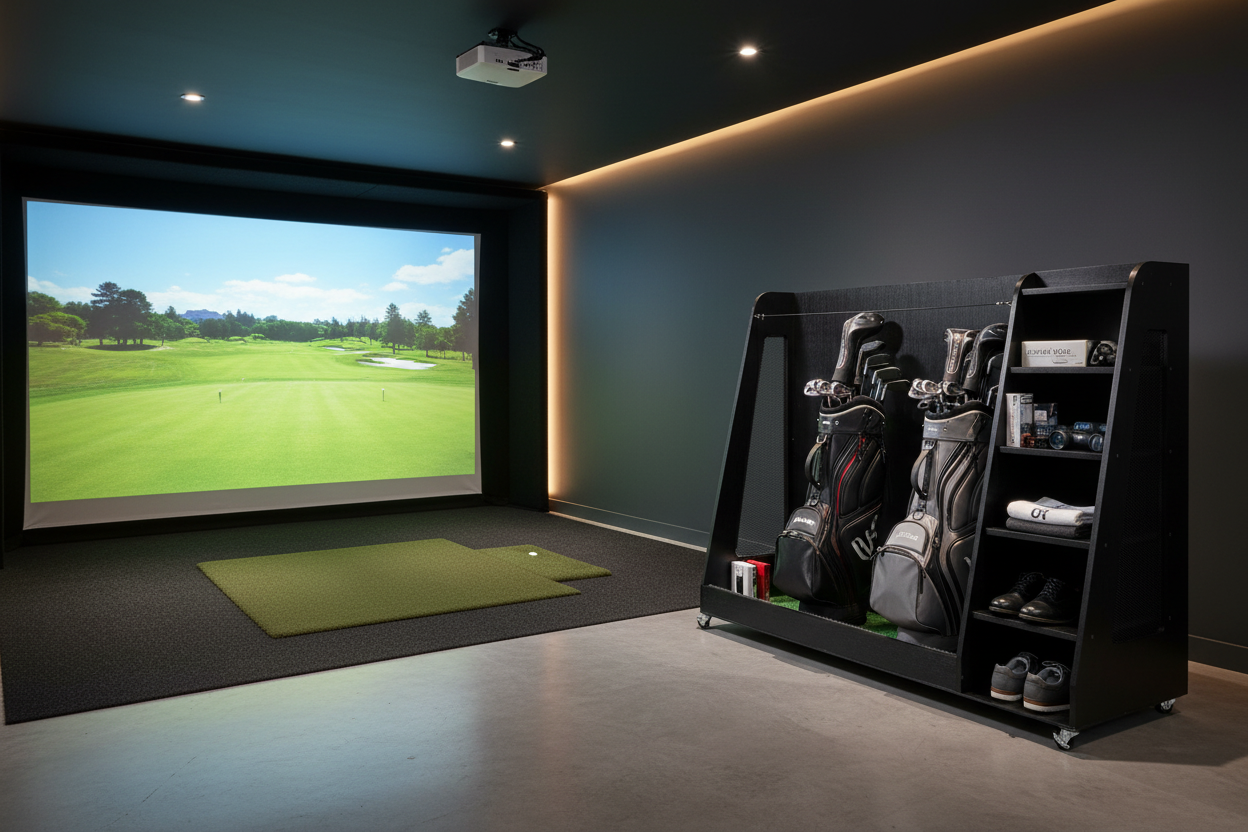 Golf bag storage beside golf simulator