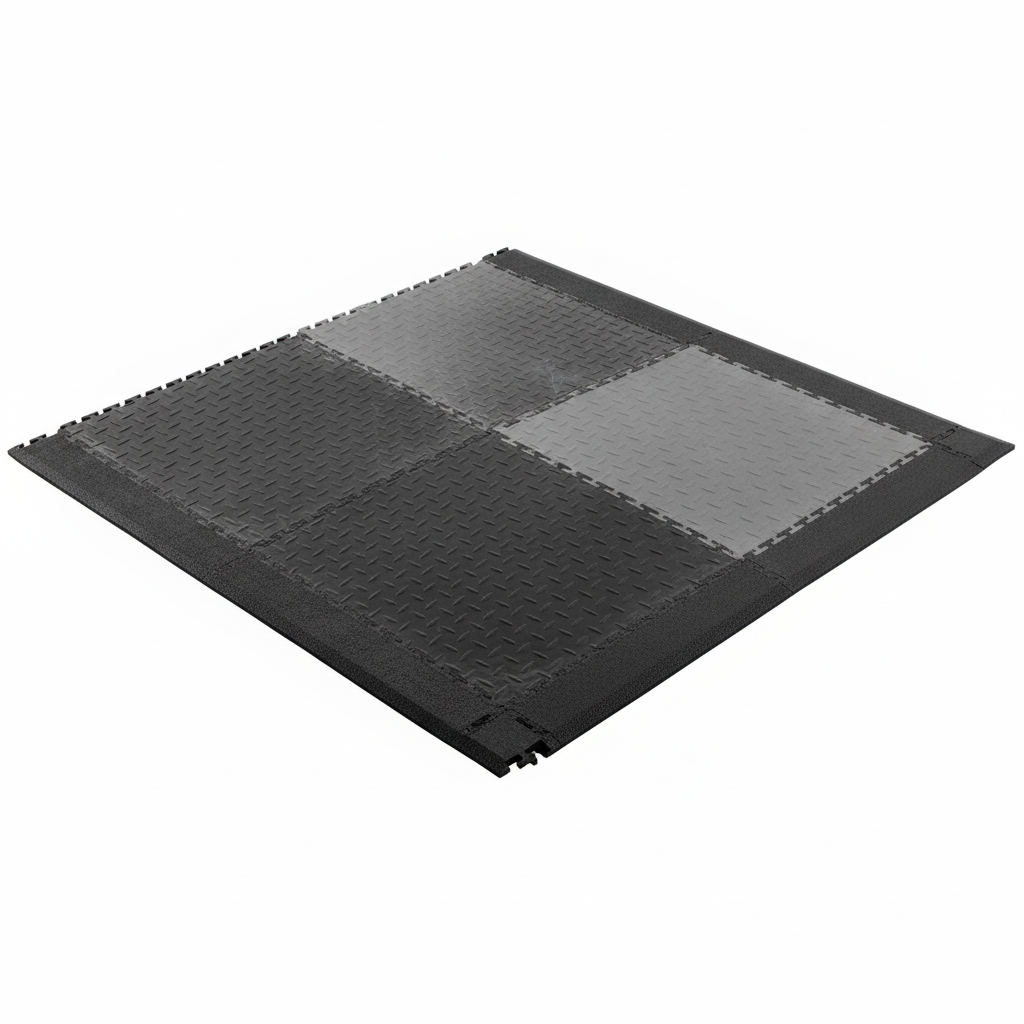 4 black and grey interlocking garage floor tiles assembled in 2x2 grid with edge transition strips