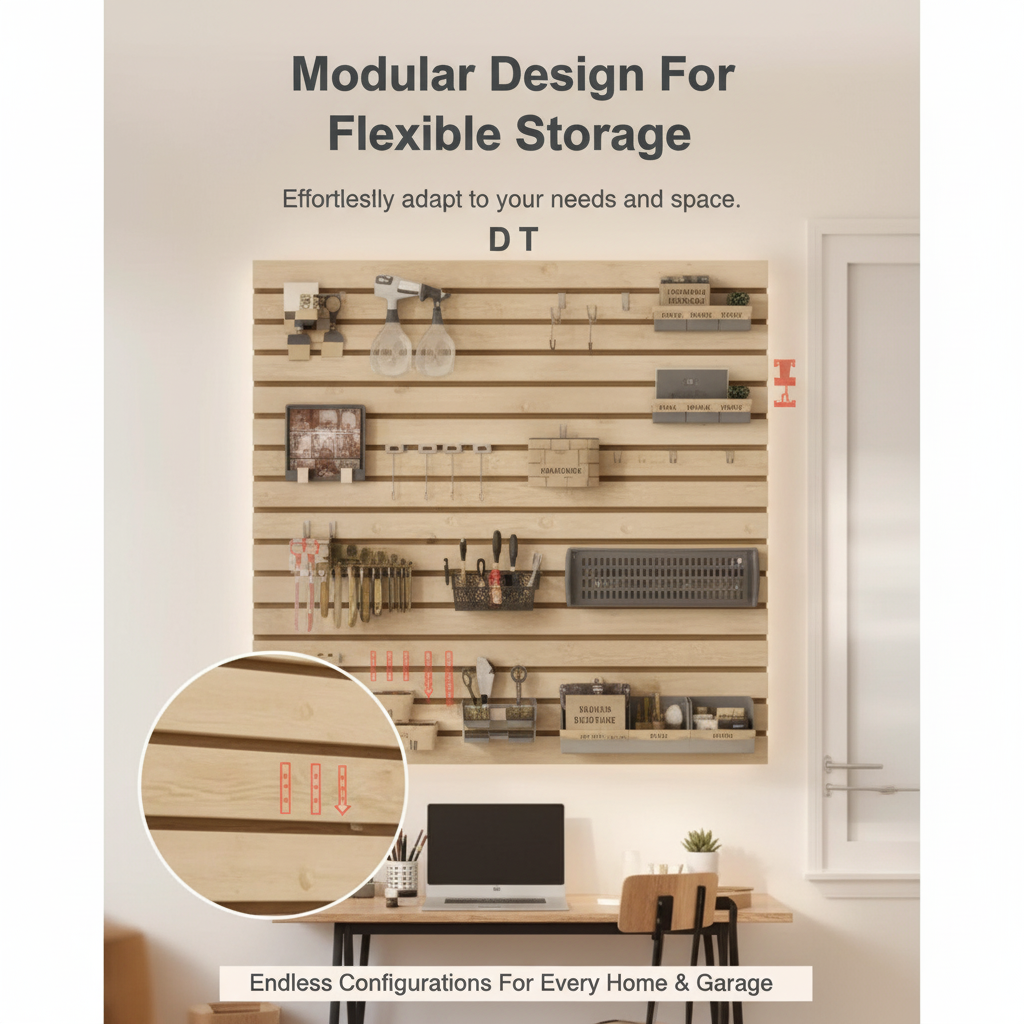 Modular slat wall panel flexible storage design infographic