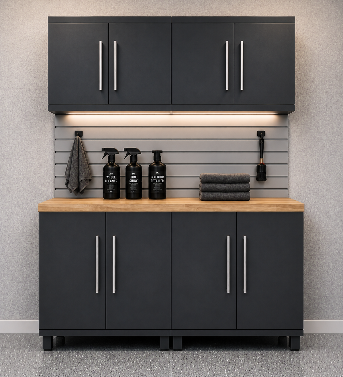 Prestige Series 5pc Garage Cabinet Set natural wood worktop