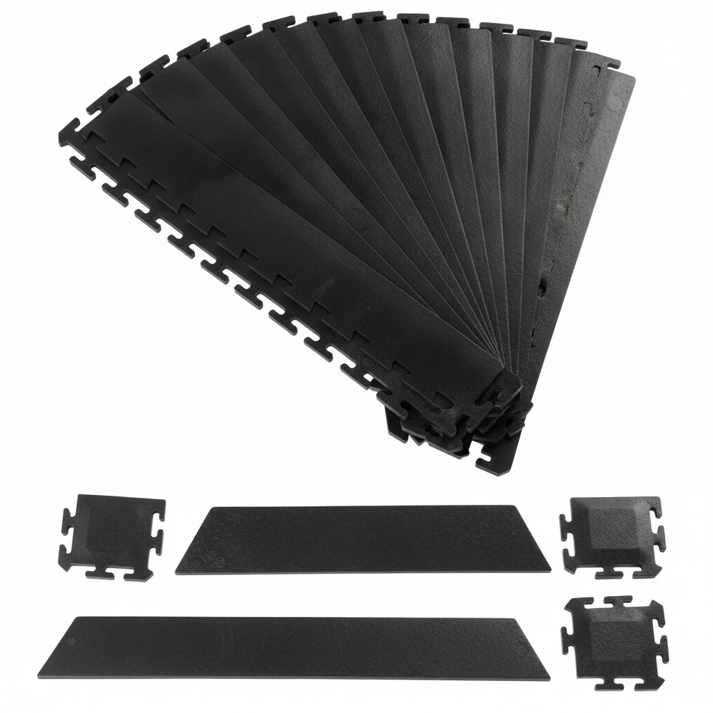 Black interlocking garage floor transition edge pieces and corner connectors