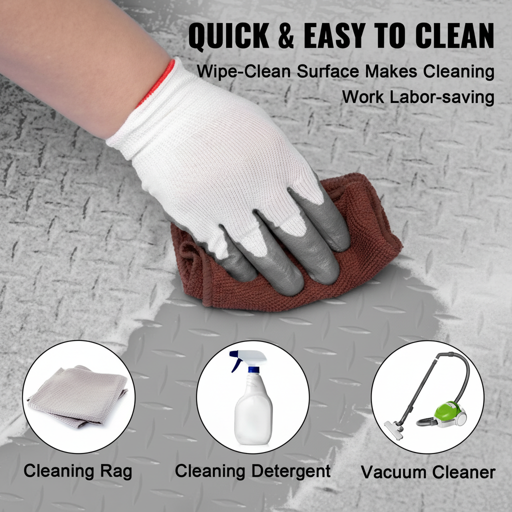 Gloved hand wiping grey diamond tread garage floor mat with microfiber cloth showing easy cleaning