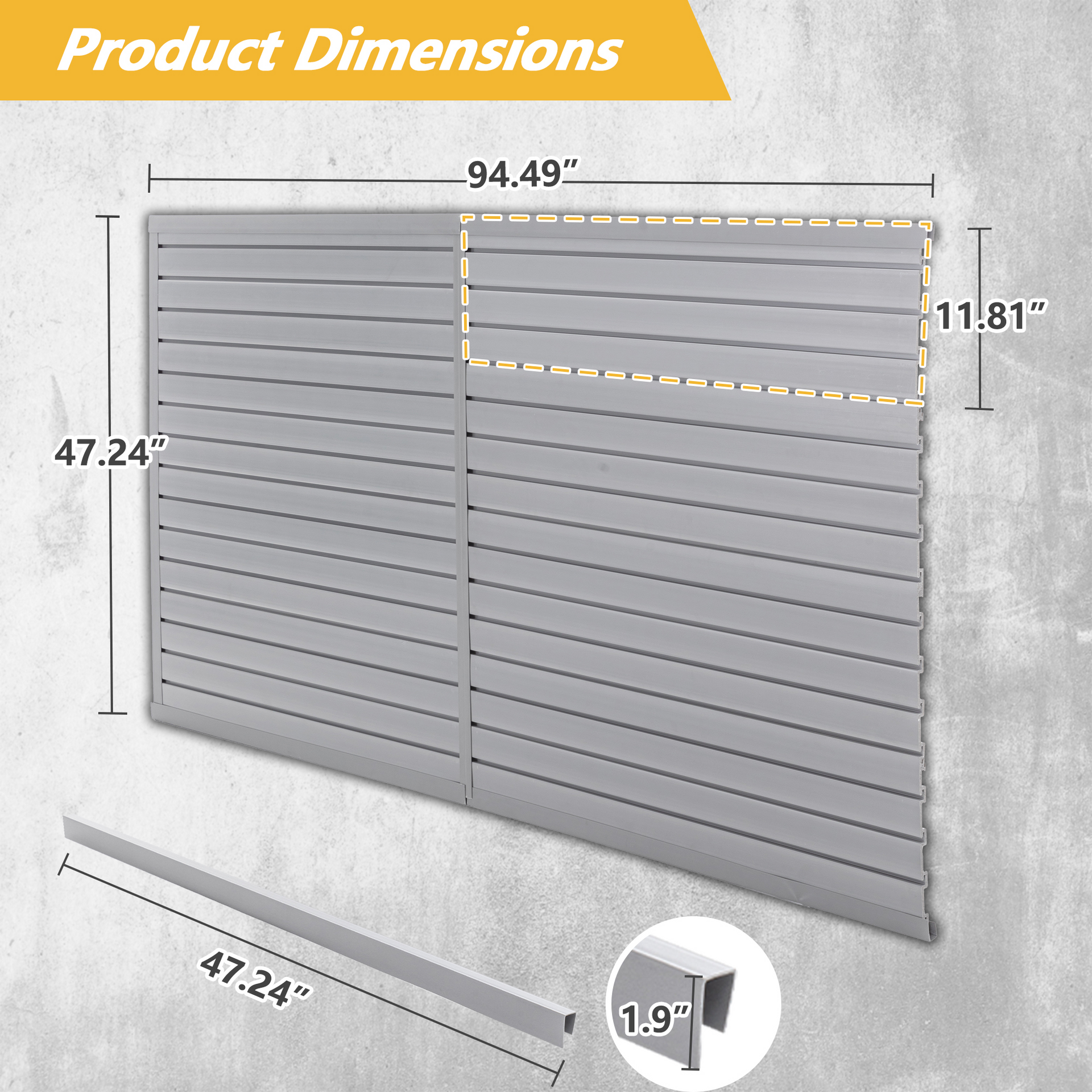 Heavy Duty PVC Slatwall Garage Organizer, 8ft X 4ft Section -Grey