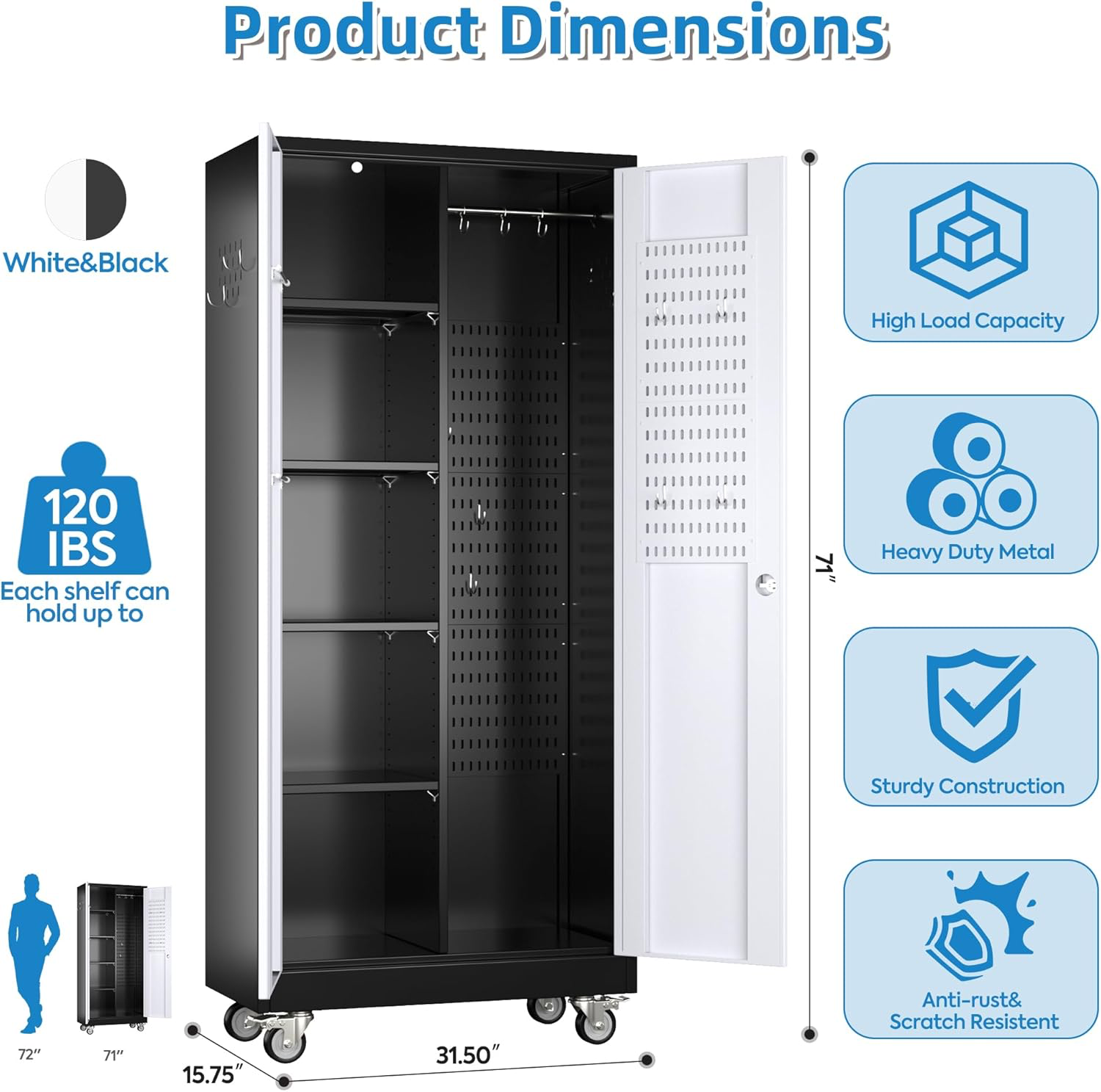 Closet Storage Cabinet, Metal Cabinets With 13 Hooks And Hanging Rod