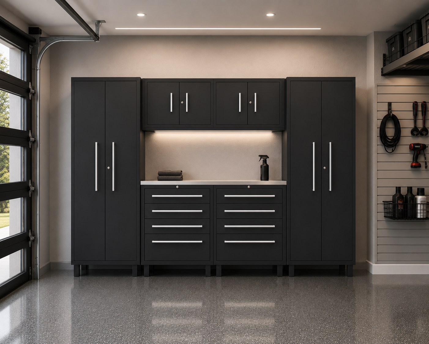 Core Plus Series 7pc Garage Cabinet Set in a modern garage setting