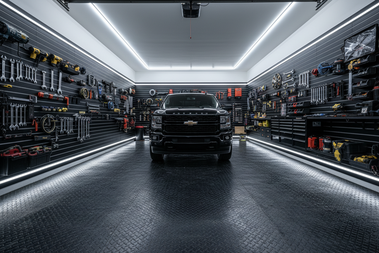 Black PVC diamond tread garage floor mat unrolled in premium garage with black slatwall and pickup truck