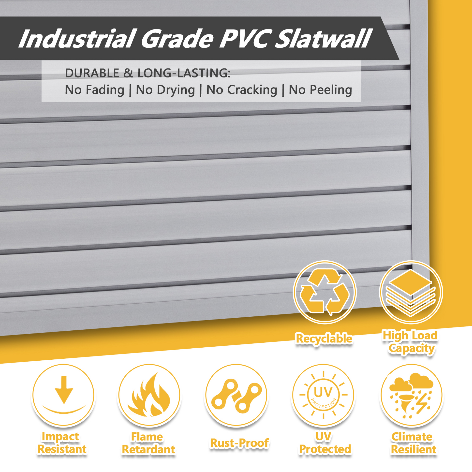 Heavy Duty PVC Slatwall Garage Organizer, 8ft X 4ft Section -Grey