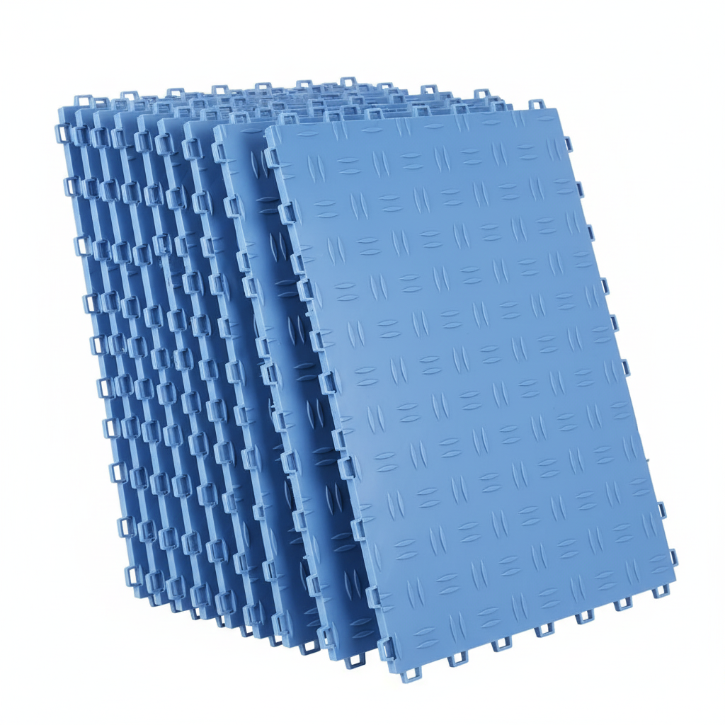 50-pack blue interlocking garage floor tiles with diamond tread pattern