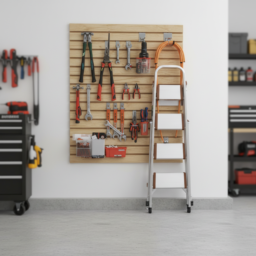 Slat wall panel with tools organized in a garage workshop