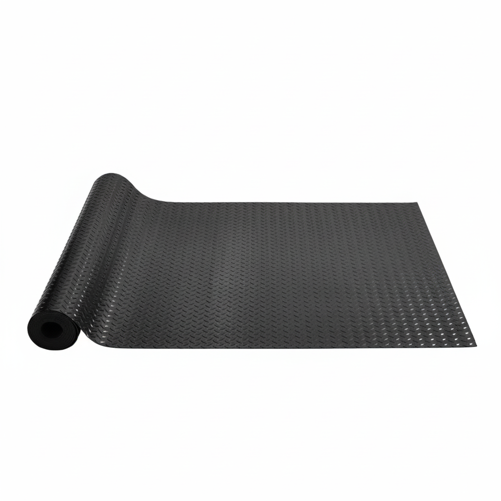 Large black PVC garage floor mat partially unrolled showing diamond tread texture