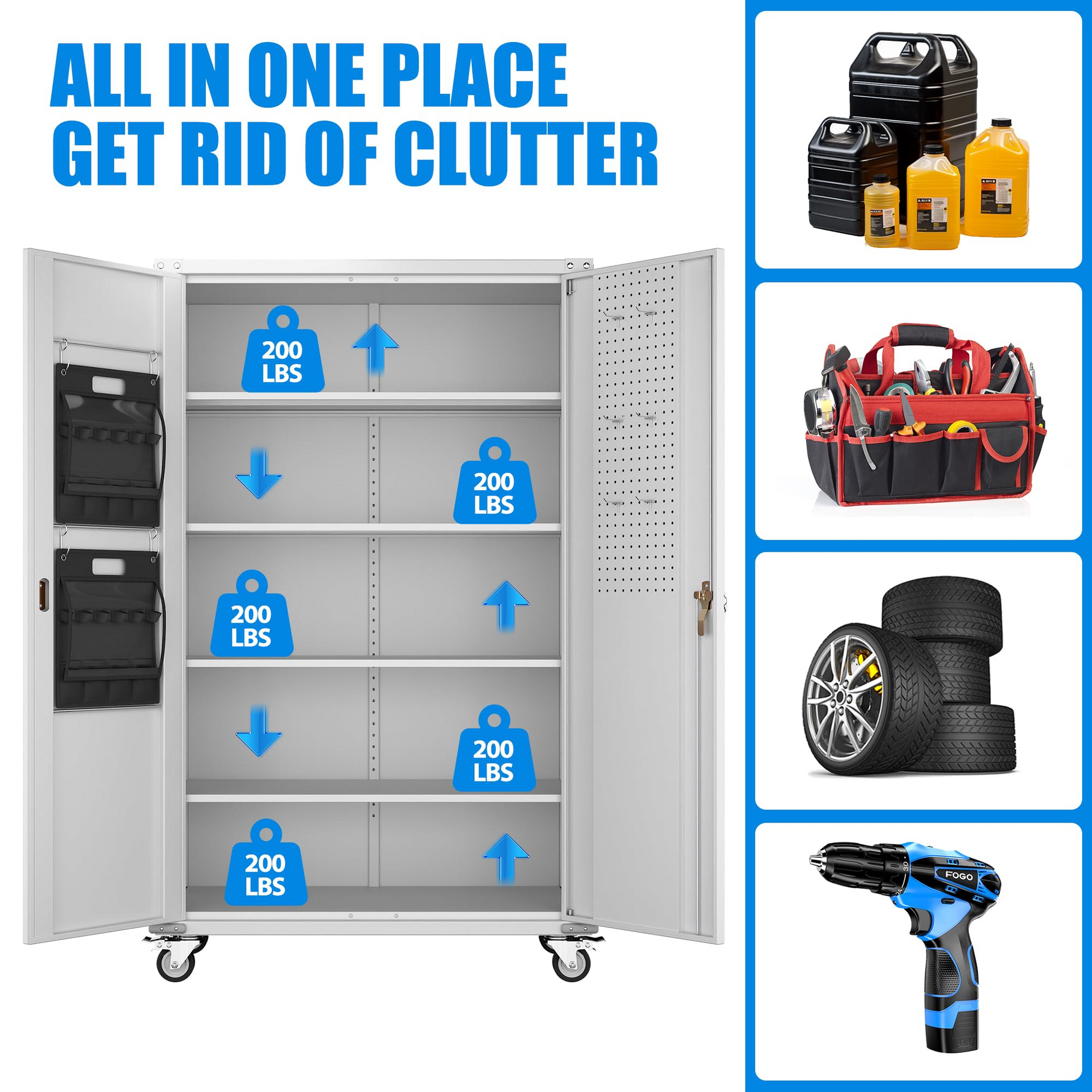 Upgraded Wide And Deep Garage Storage Cabinet With Wheels And Doors,Metal Storage Cabinet With Pegboards And 4 Adjustable Shelves For Garage Home Basement,Required Assembly,Black