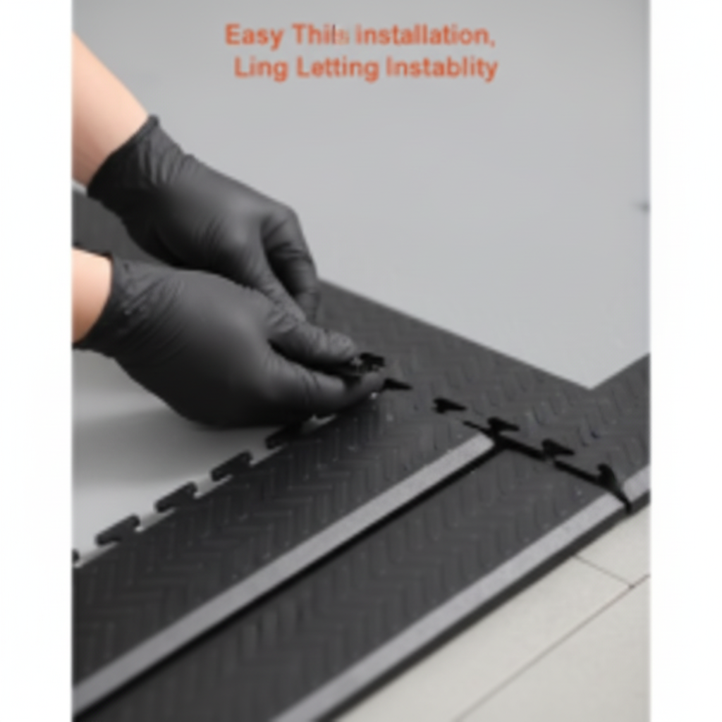 Hands installing black interlocking garage floor transition edge pieces