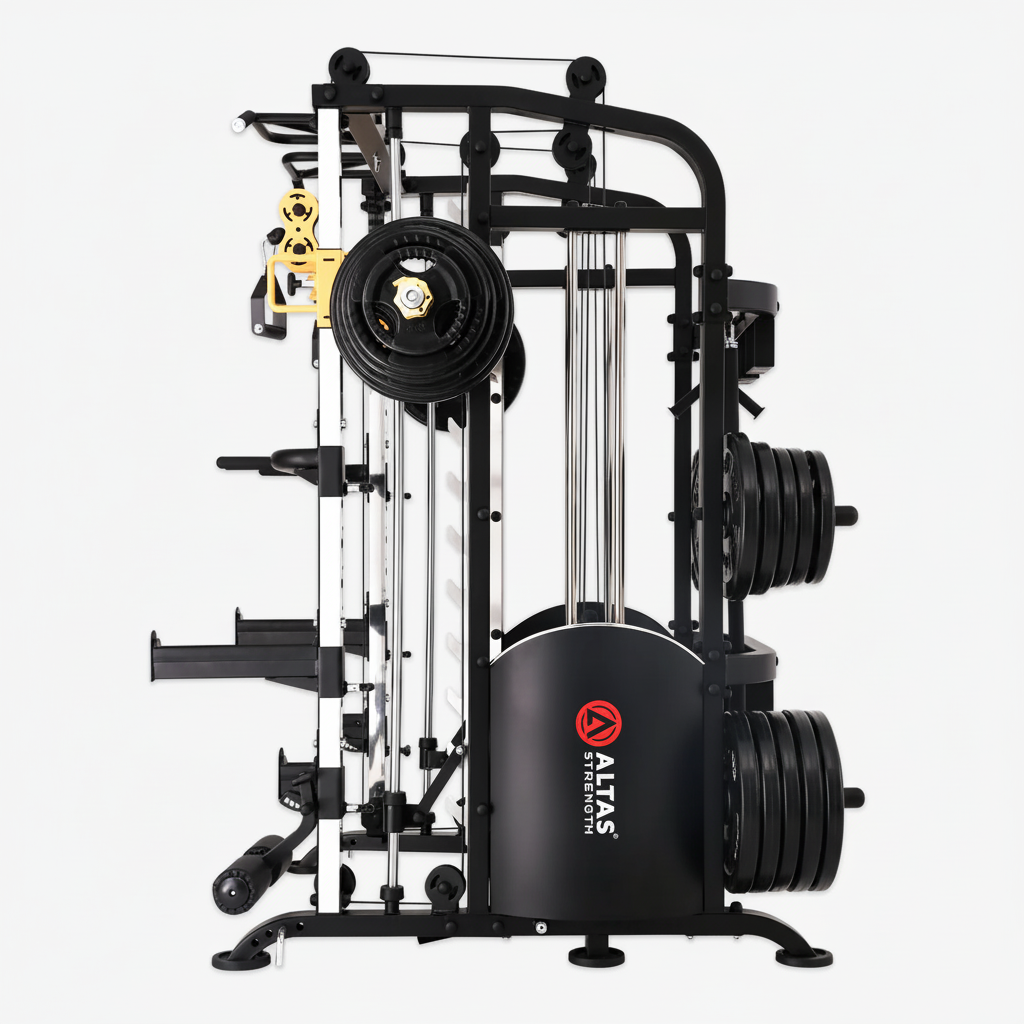 M810 Smith Machine side view with weight plates on white background