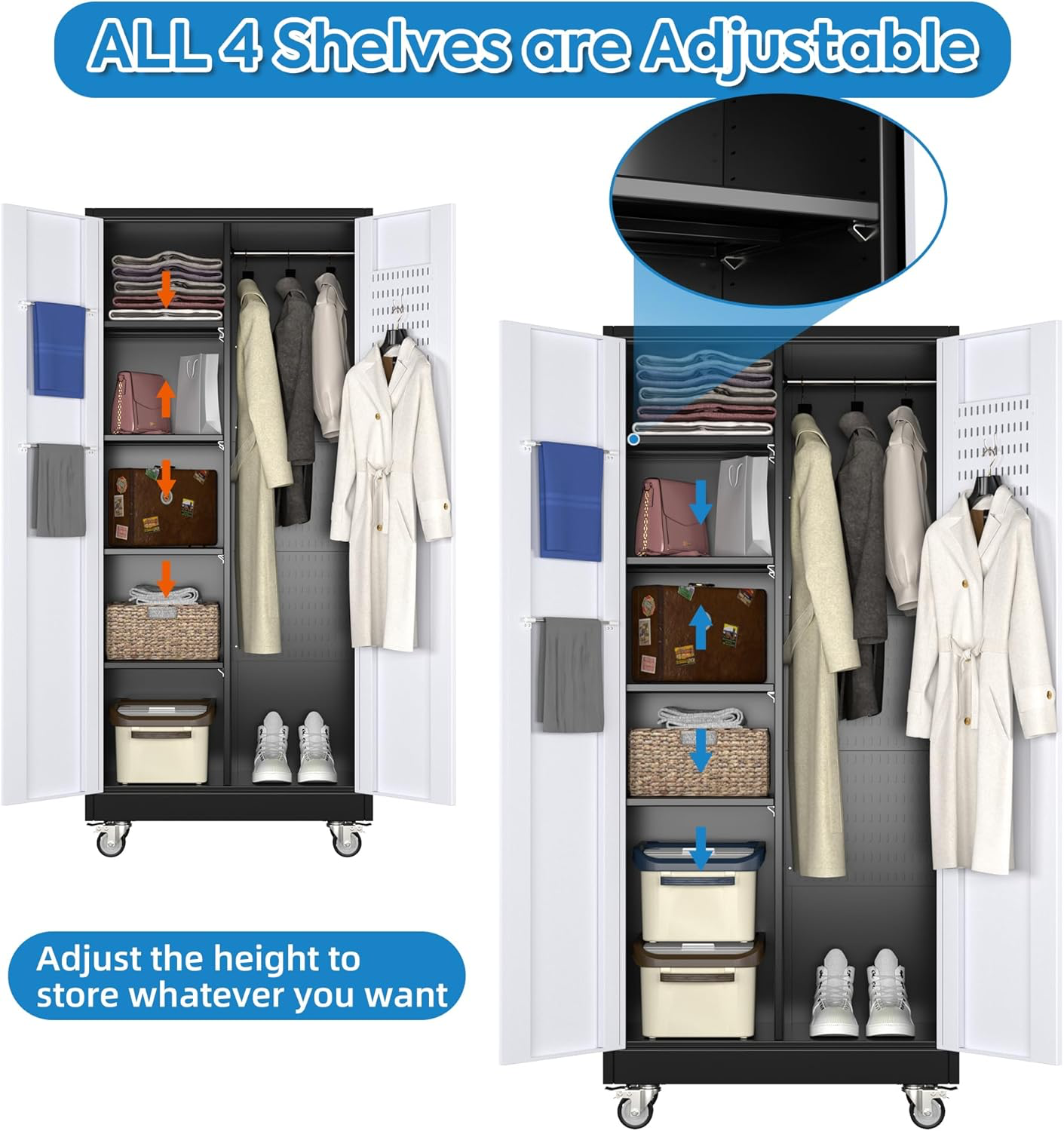 Closet Storage Cabinet, Metal Cabinets With 13 Hooks And Hanging Rod