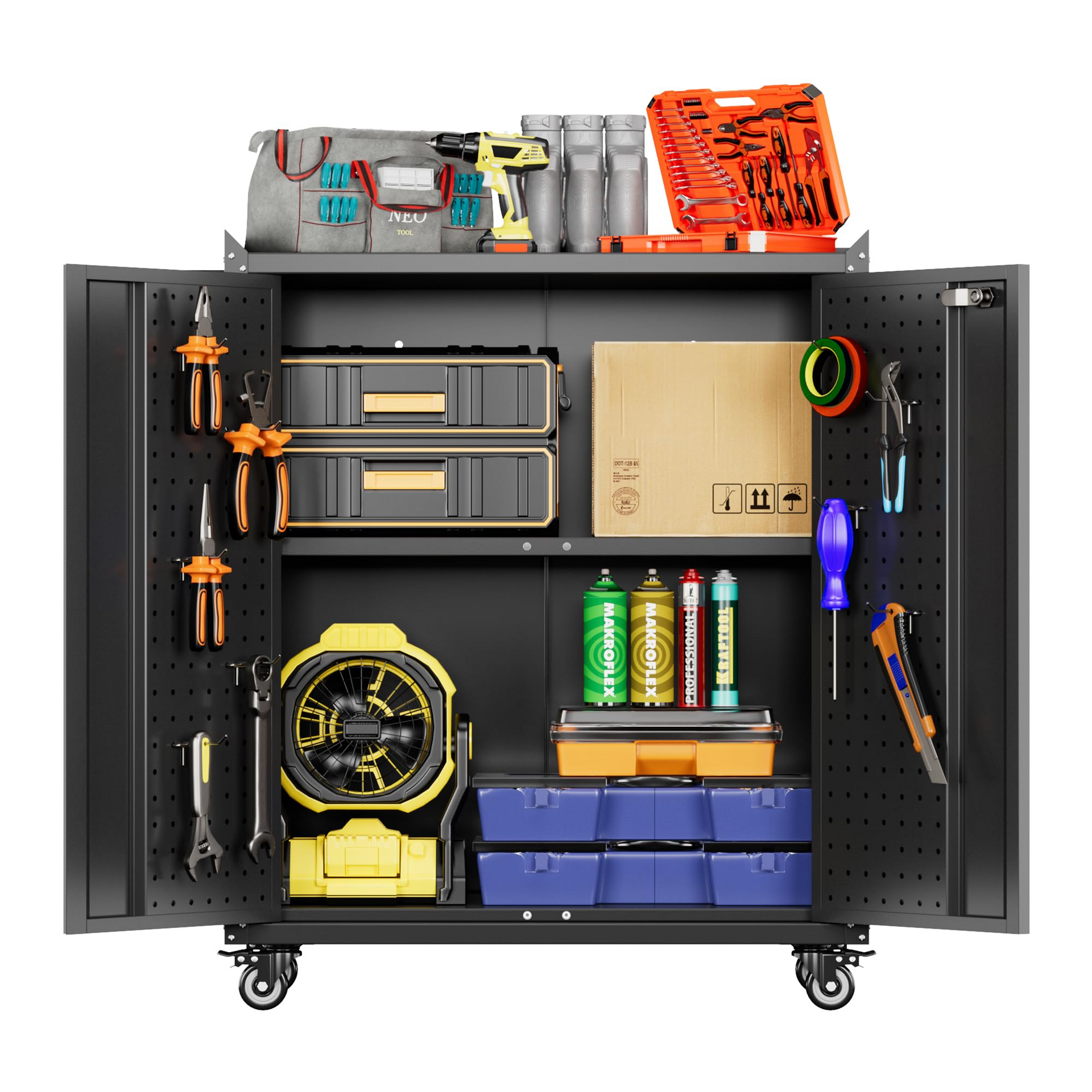 Metal Storage Cabinet With Wheels, Rolling Storage Cabinet With 2 Doors And Adjustable