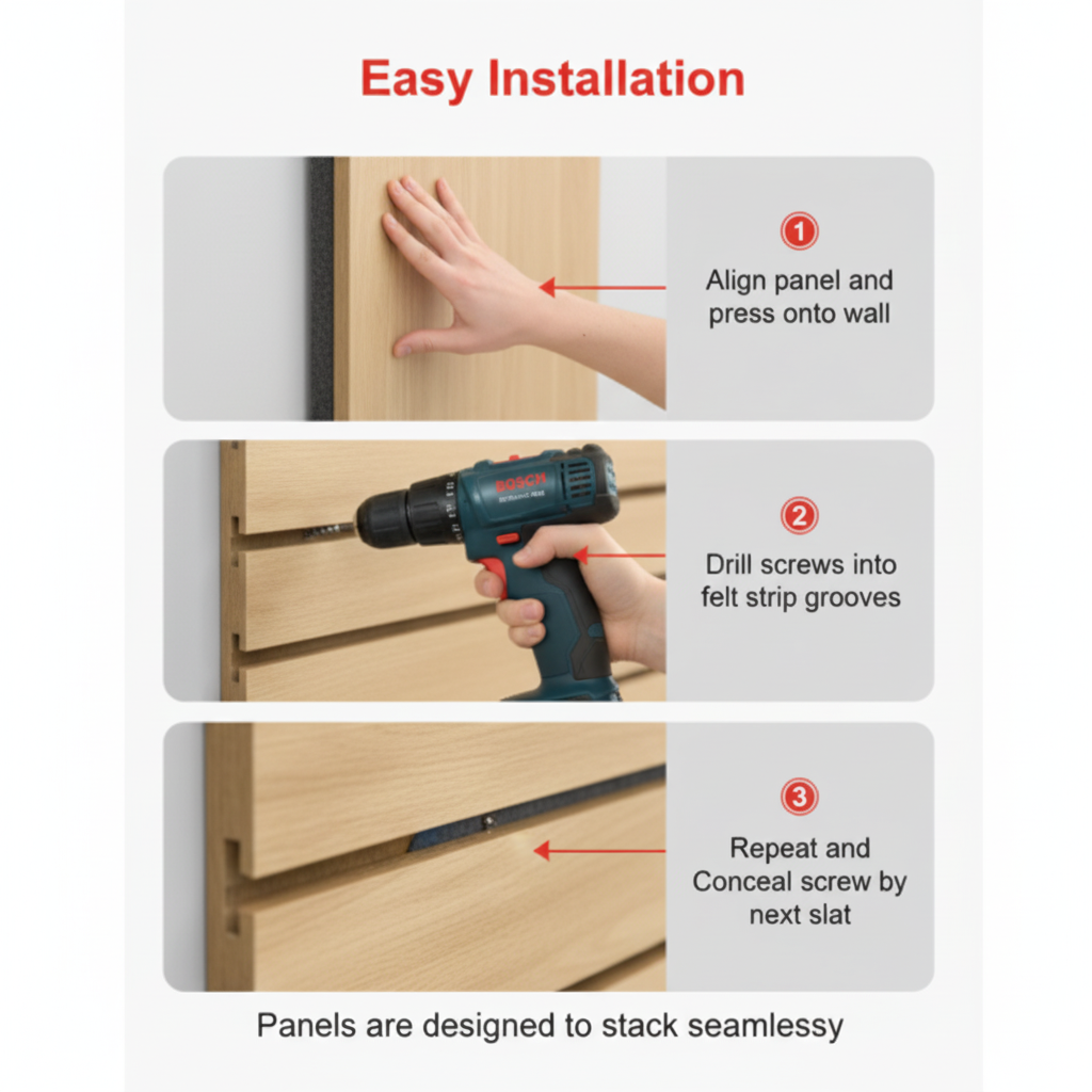 Slat wall panel easy installation step-by-step infographic