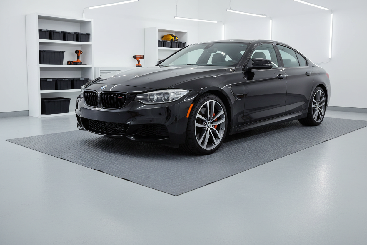 Grey PVC diamond tread garage floor mat unrolled flat under a car in a garage
