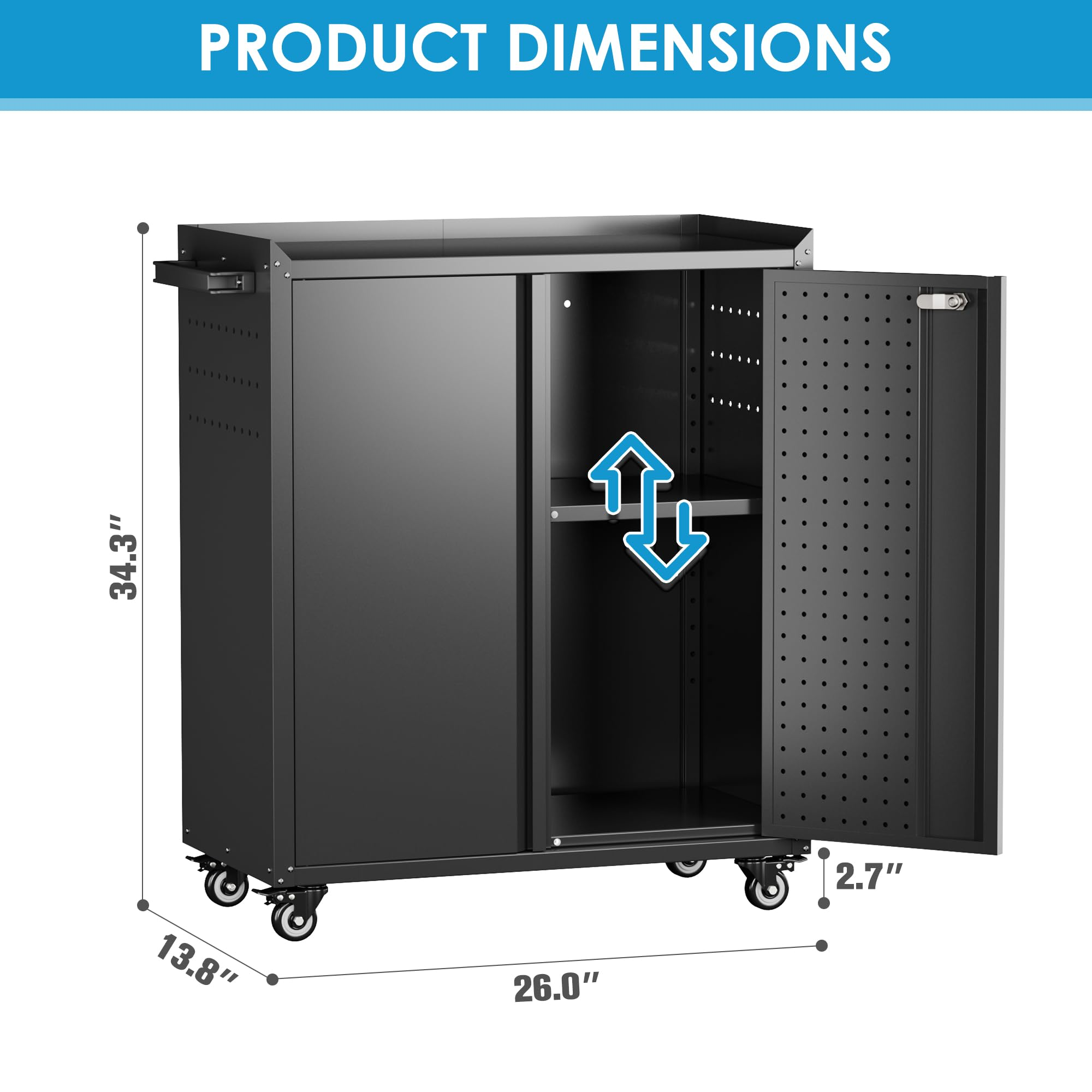 Metal Storage Cabinet With Wheels, Rolling Storage Cabinet With 2 Doors And Adjustable