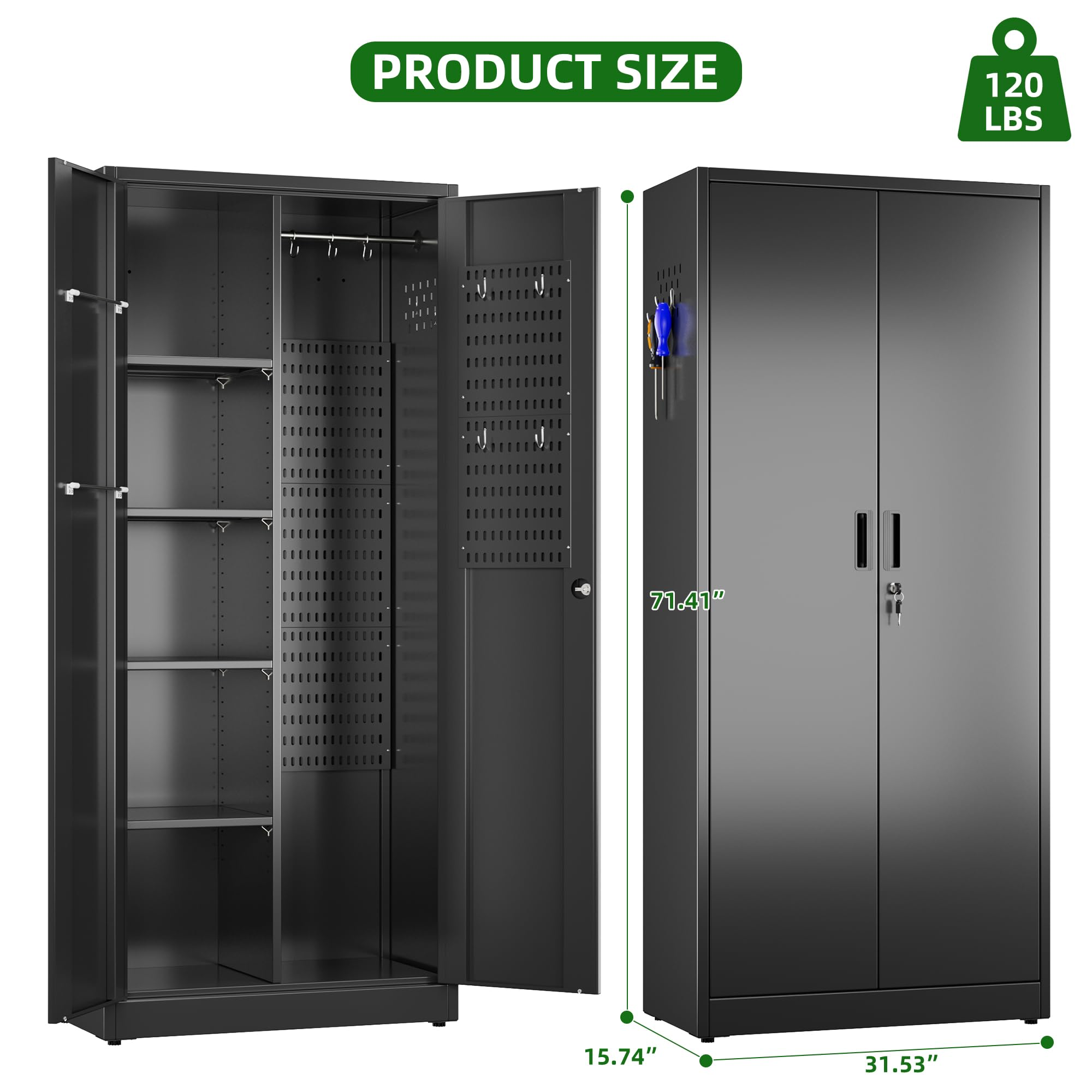 Closet Storage Cabinet - 5 Pegboard, Hanging Rod & 13 Hooks