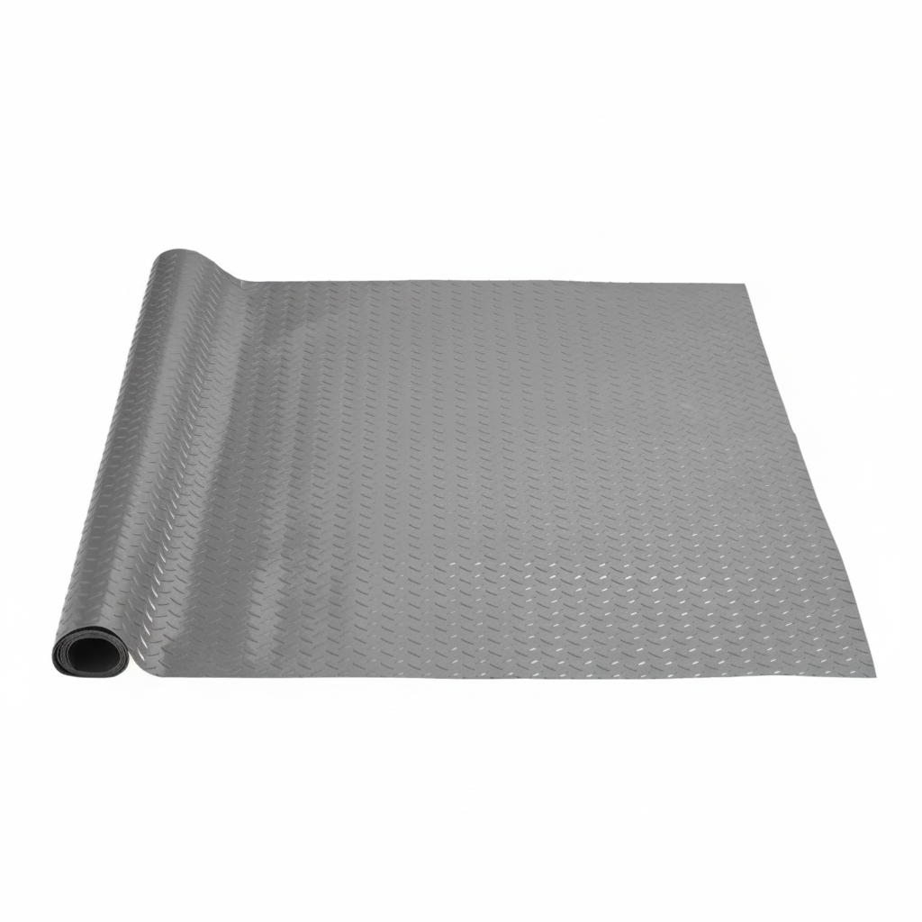 Grey PVC garage floor mat partially unrolled showing diamond tread texture