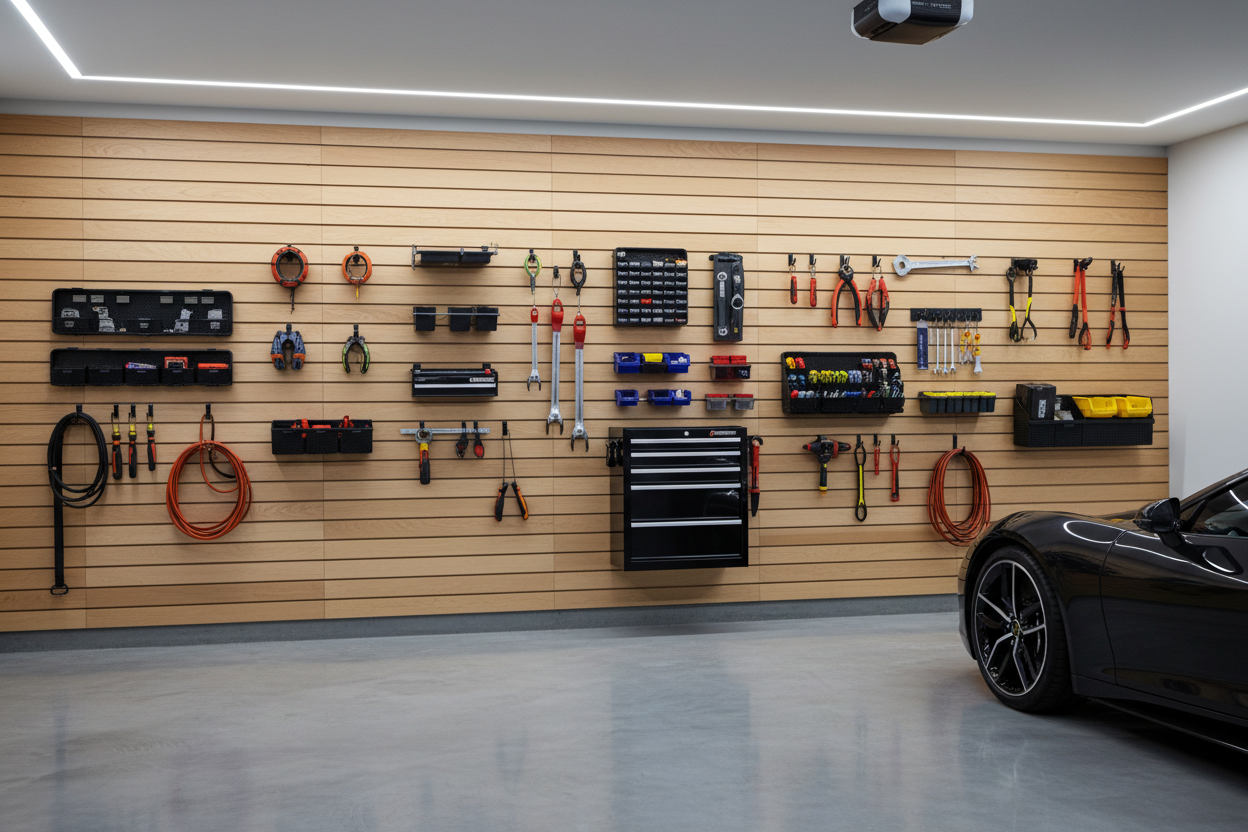 Luxury high-end garage with full wall of natural wood-tone slat wall panels and organized tools