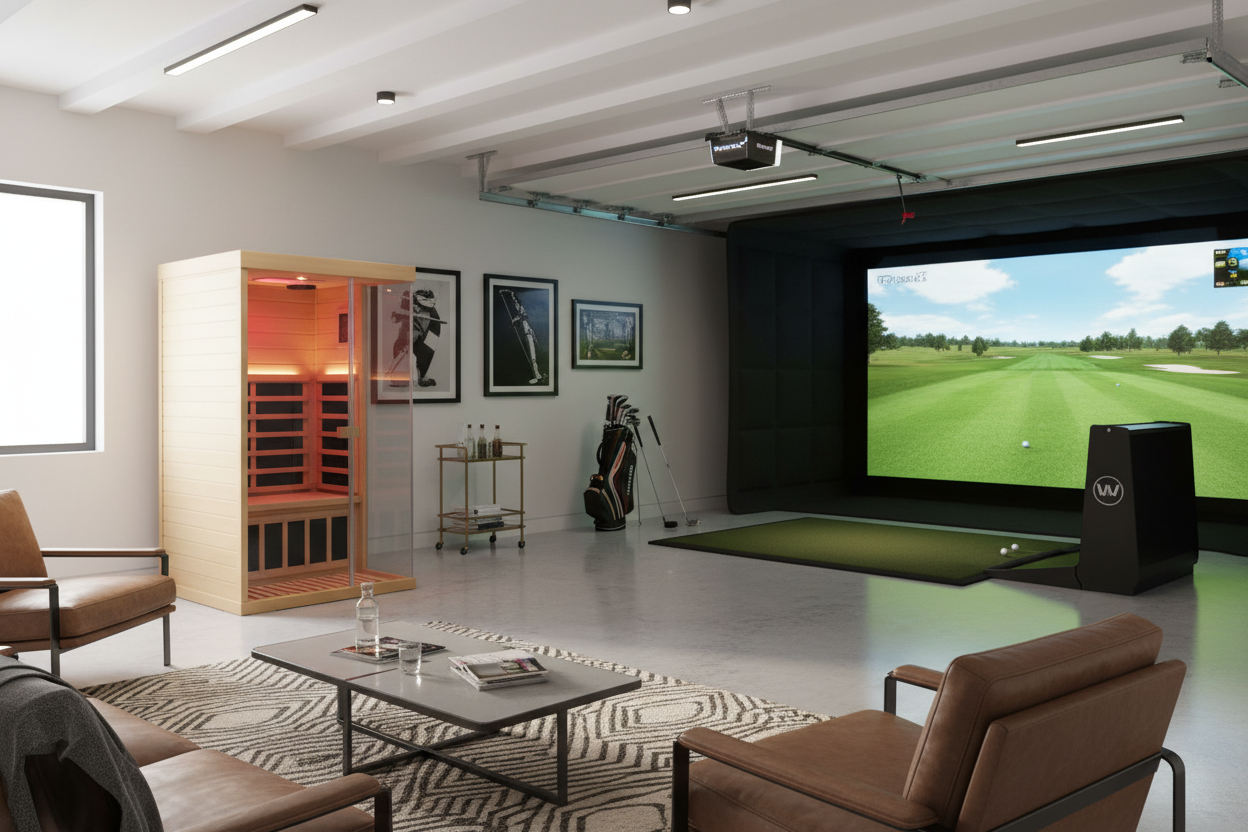 Infrared sauna beside golf simulator in luxury garage