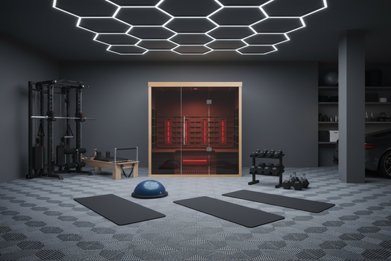 Lumin Infrared Sauna Three with complete home gym setup