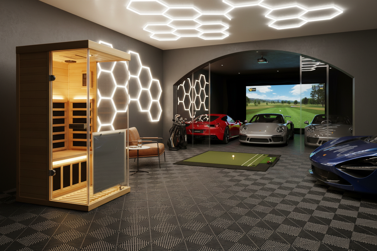 Sauna and golf simulator in premium garage