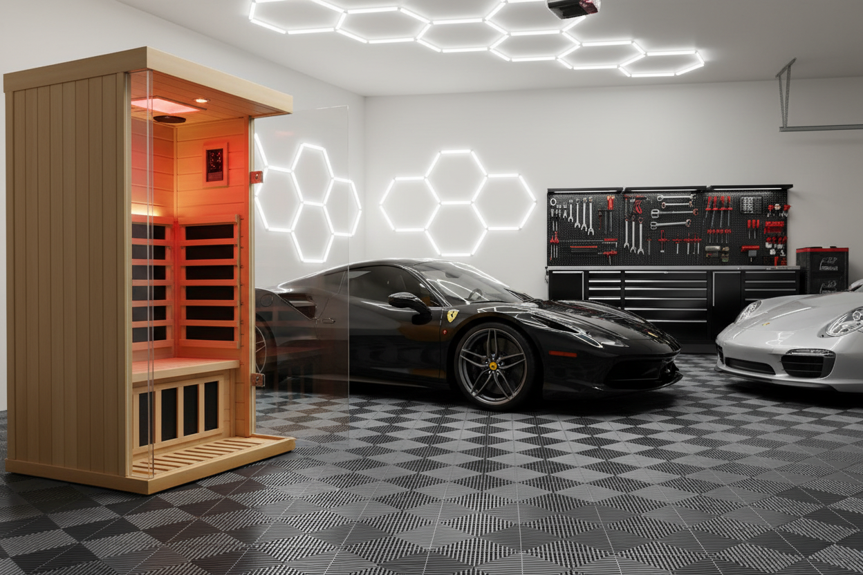 Sauna in luxury garage with RaceDeck and Hex Lighting