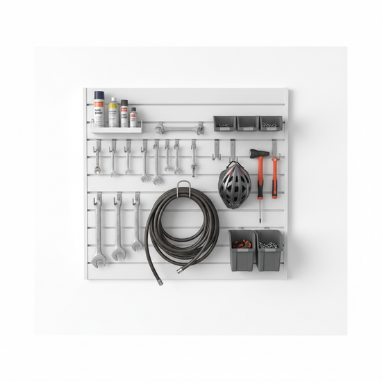 White Slatwall Panel with Accessories - Clean Studio Shot