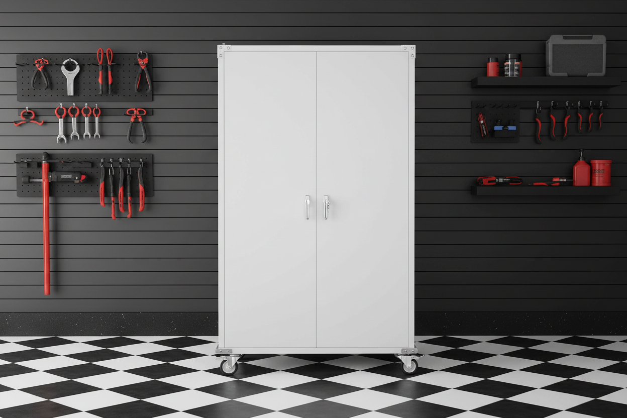 White storage cabinet against dark grey slat wall