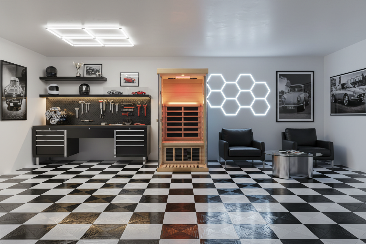 Wide-angle garage wellness area with sauna
